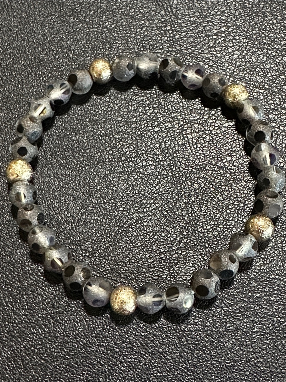 51. Dark Grey Polka Dot Glass & Gold Tone Beaded Stretch Bracelet - Picture 4 of 9